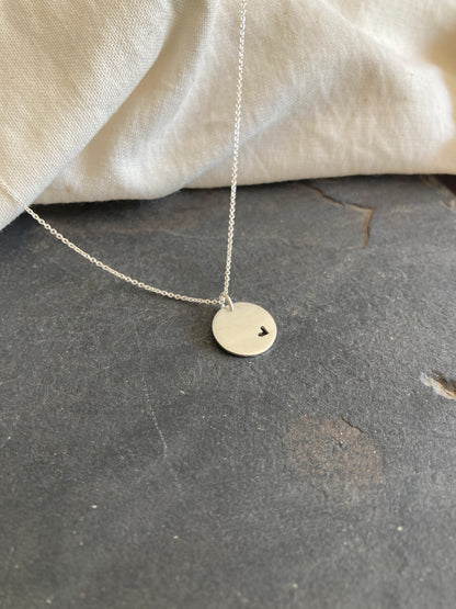 Sterling Silver 13mm Disc Pendant with cut out Heart on Sterling Silver Chain