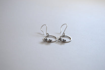 Sterling Silver Circle with two small Blooming Flowers on Silver Hook Earrings