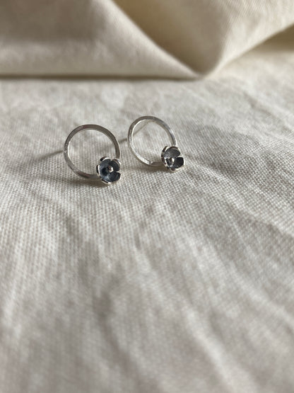 Sterling Silver Circle with one small Blooming Flower Stud Earrings