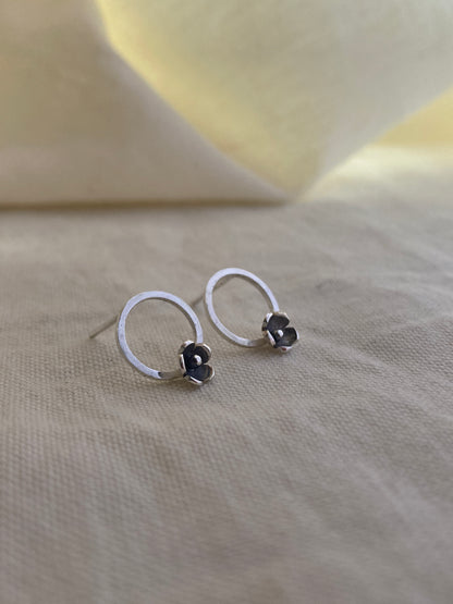 Sterling Silver Circle with one small Blooming Flower Stud Earrings