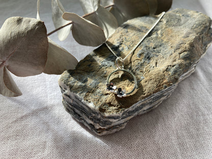 Sterling Silver Circle with two small Blooming Flowers Pendant on Silver Chain