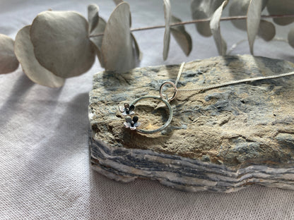 Sterling Silver Circle with two small Blooming Flowers Pendant on Silver Chain