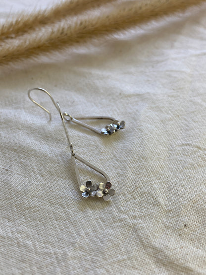 Sterling Silver Teardrop with two small flowers in Bloom Hook Earrings