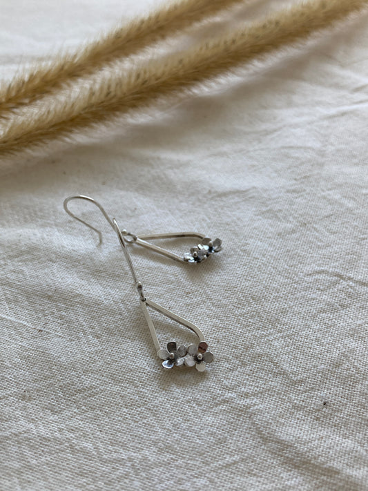 Sterling Silver Teardrop with two small flowers in Bloom Hook Earrings