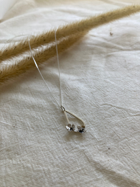 Sterling Silver Teardrop with two small flowers in Bloom Pendant on Sterling Silver Chain