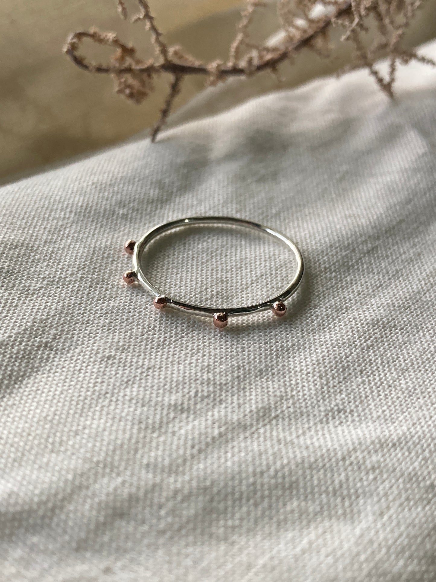 Sterling Silver Ring with 5 Small Copper Bobbles