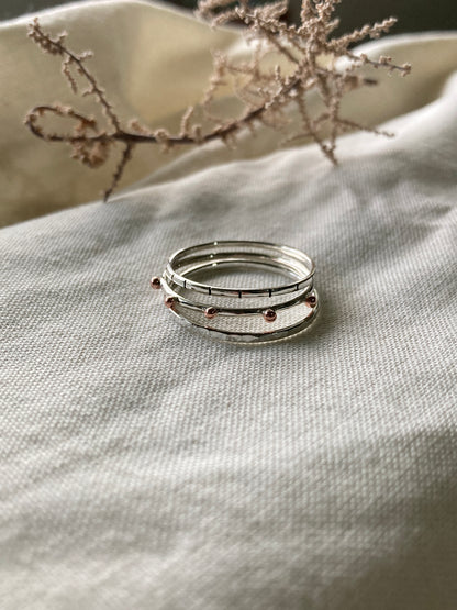 Sterling Silver Stacking Ring Set - Bobble Ring, Dainty Striped Ring, Dainty Hammered Ring