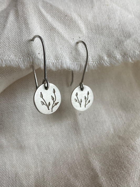 Sterling Silver Discs with Botanical cut-out on Silver Hooks