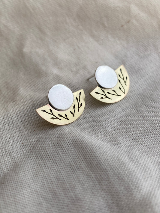 Brass & Sterling Silver Semicircle Earrings with Botanical cut out design