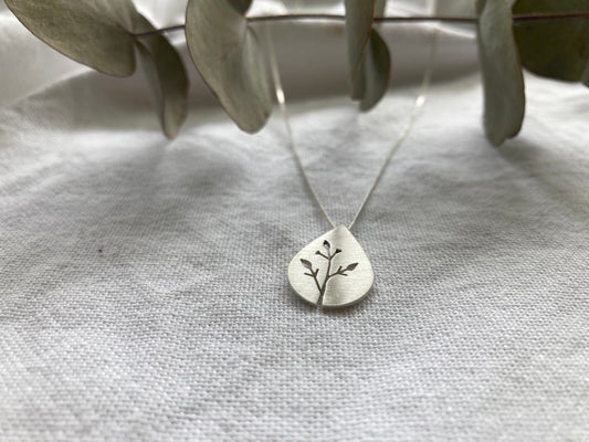 Sterling Silver Teardrop Pendant with Botanical cut out design