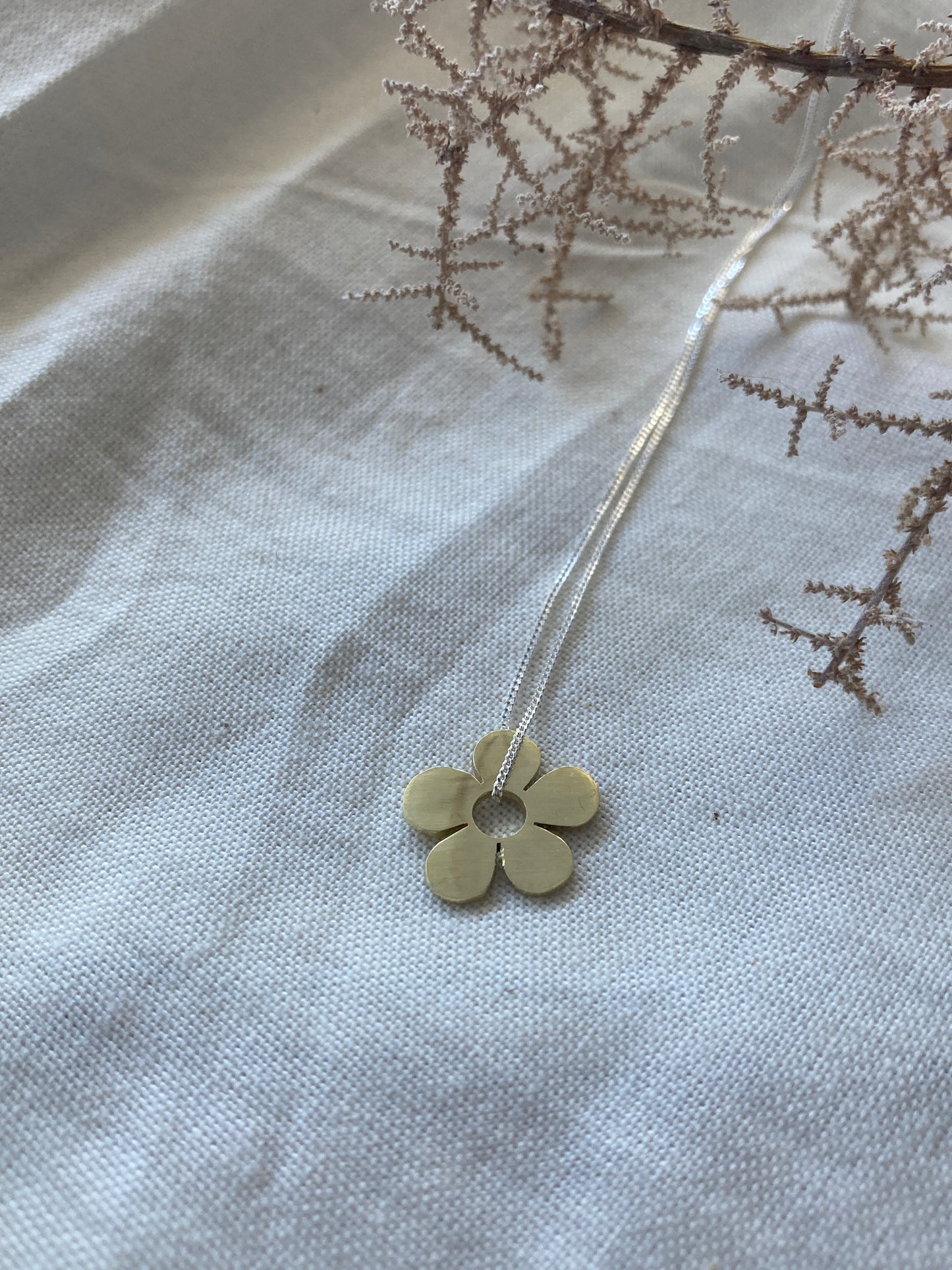 Brass Daisy Pendant on Sterling Silver Chain