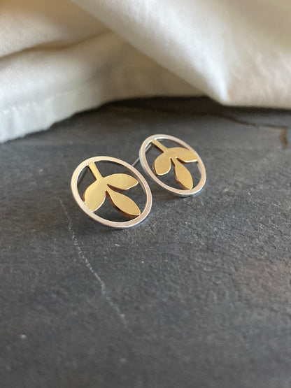 Sterling Silver Circle With Brass Leaves Stud Earrings