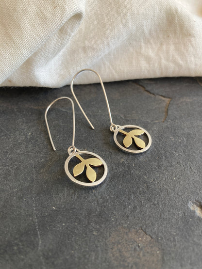 Sterling Silver Circle With Brass Leaves Hook Earrings