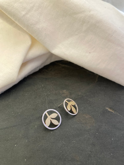 Sterling Silver Circle With Brass Leaves Stud Earrings