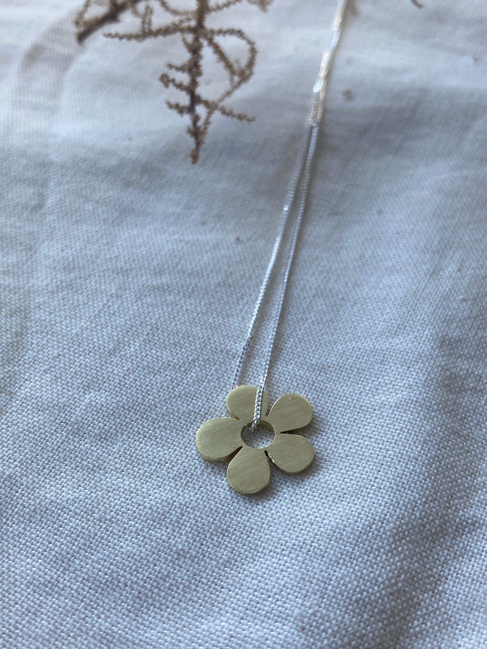 Brass Daisy Pendant on Sterling Silver Chain