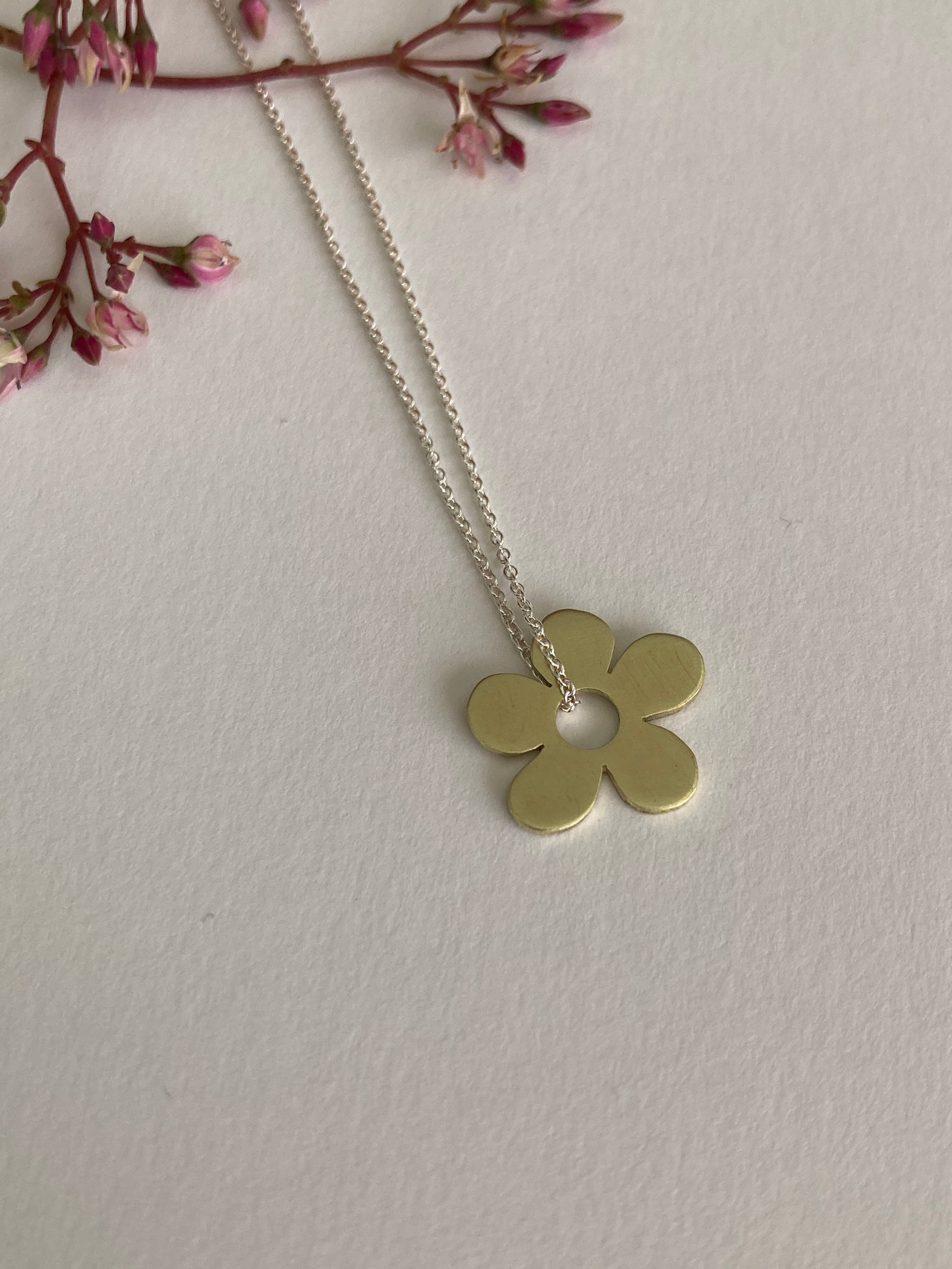 Brass Daisy Pendant on Sterling Silver Chain