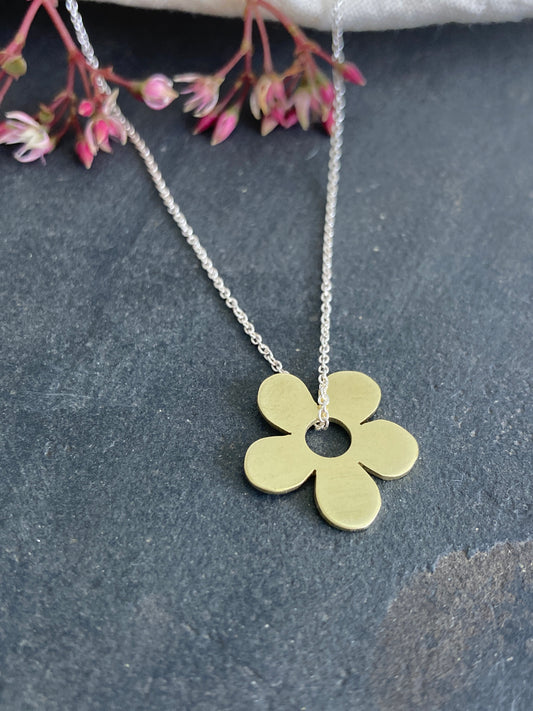 Brass Daisy Pendant on Sterling Silver Chain