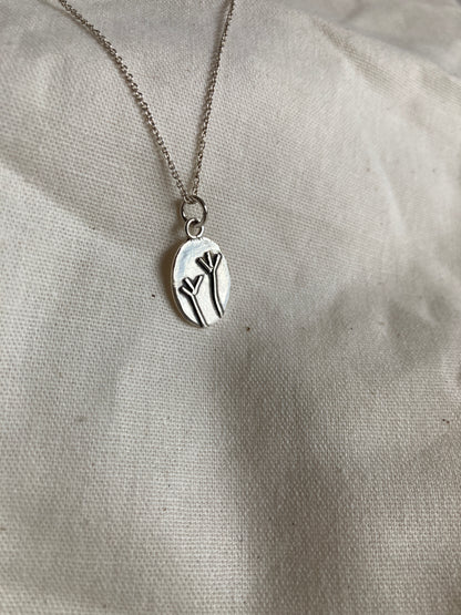 Sterling Silver Oval Pendant with Grass Reed Design on Sterling Silver Chain