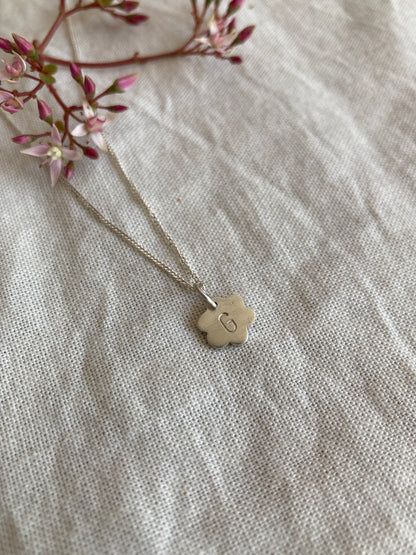 Sterling Silver Flower Initial Disc with hand stamped Initial on Sterling Silver Chain
