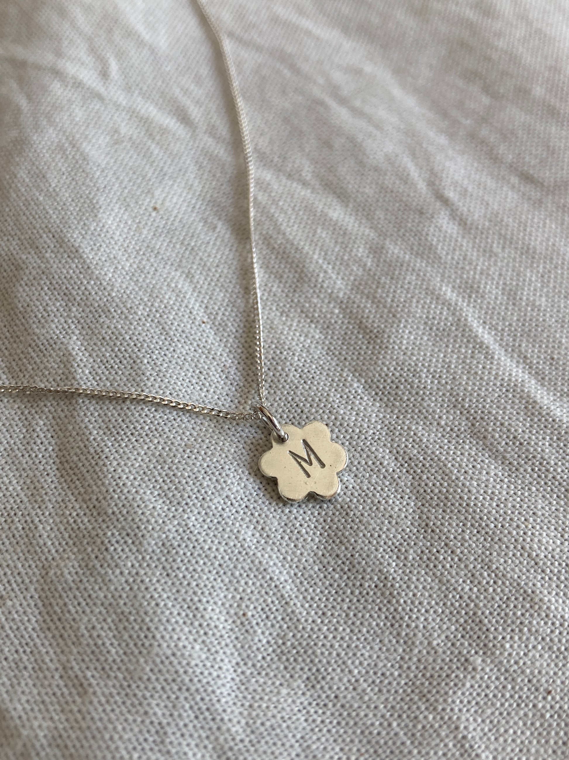 Sterling Silver Flower Initial Disc with hand stamped Initial on Sterling Silver Chain
