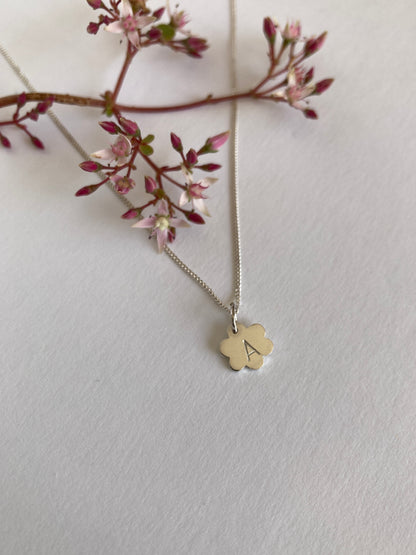 Sterling Silver Flower Initial Disc with hand stamped Initial on Sterling Silver Chain