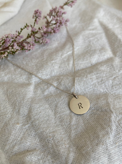 Sterling Silver 11mm Initial Disc Pendant on Sterling Silver Chain - letter R