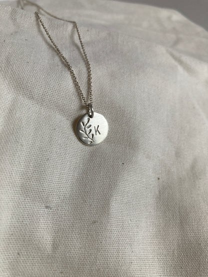 Sterling Silver Disc with Leaves Engraving and hand stamped Initial on Sterling Silver Chain