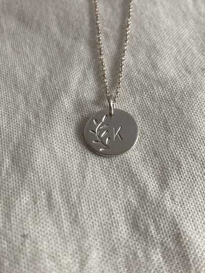 Sterling Silver Disc with Leaves Engraving and hand stamped Initial on Sterling Silver Chain
