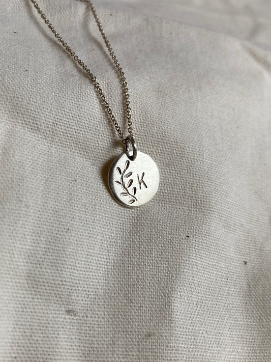 Sterling Silver Disc with Leaves Engraving and hand stamped Initial on Sterling Silver Chain