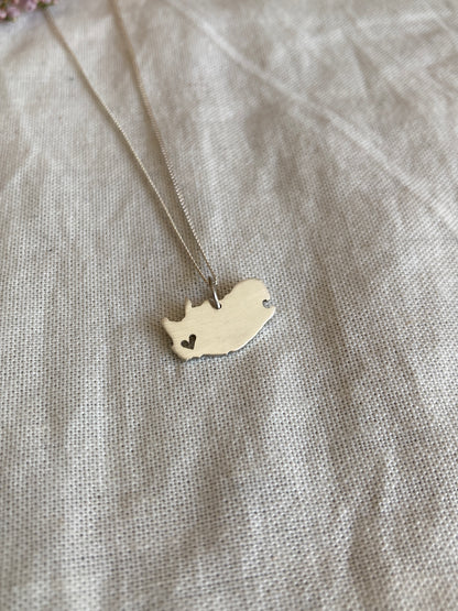 Sterling Silver Map of South Africa Pendant with cut-out Heart in Western Cape
