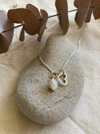 Medium White Wonky Pearl Charm on Sterling Silver Chain with Silver Heart Charm