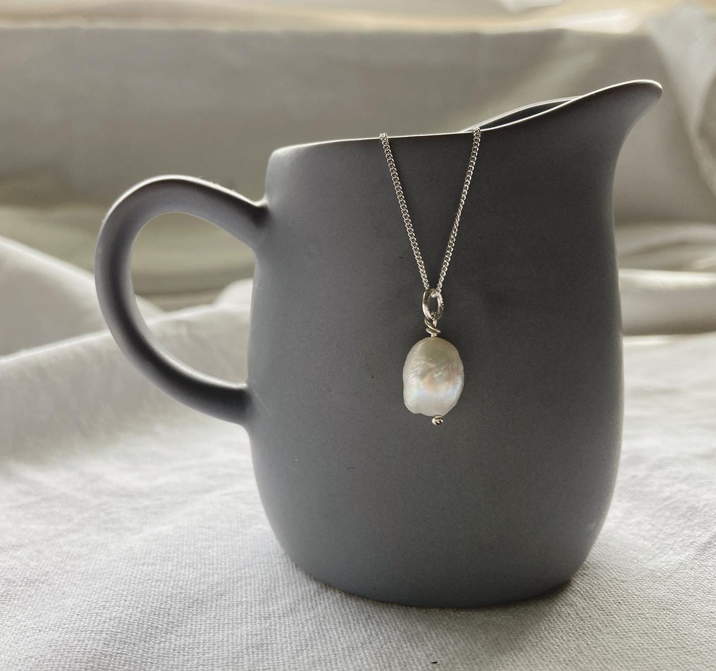 Medium White Wonky Pearl Charm on Sterling Silver Chain