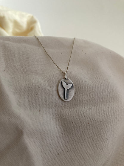 Sterling Silver Oval Pendant with Seedling oxidised design on Sterling Silver Chain