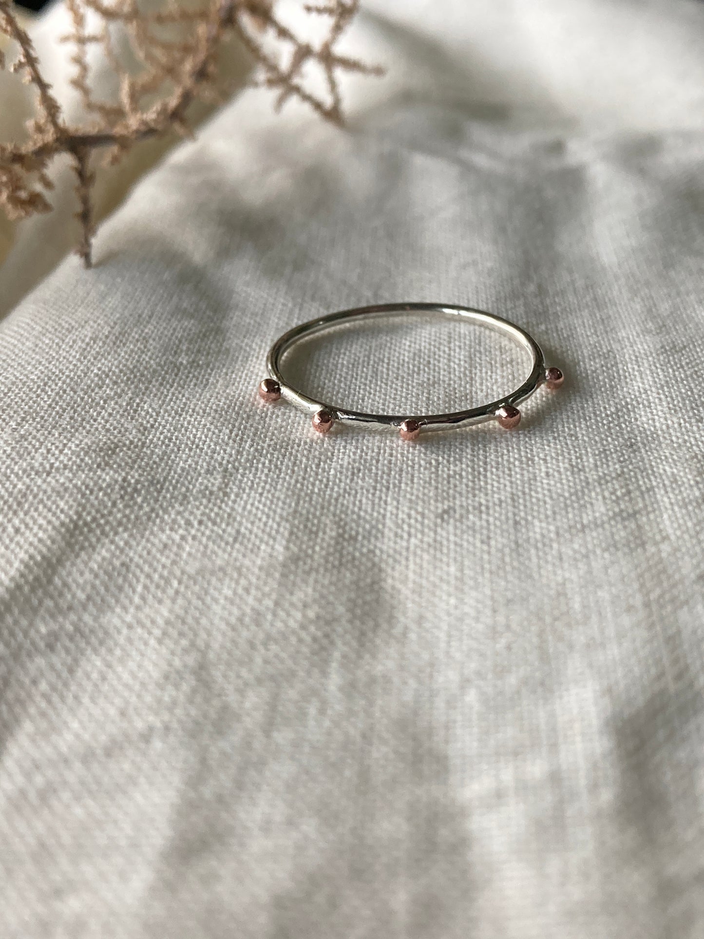 Sterling Silver Ring with 5 Small Copper Bobbles