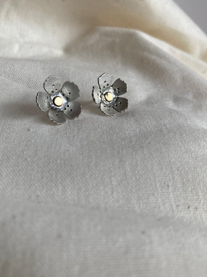 Sterling Silver Wild Flower Earrings with Brass Centre and matt oxidised finish