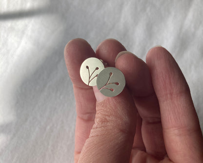 Sterling Silver Disc Stud Earrings with Botanical cut-out design