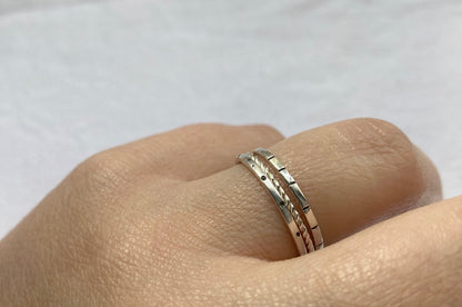 Sterling Silver Stacking Ring Set - one Stripe, one Dot and one Twisted finish