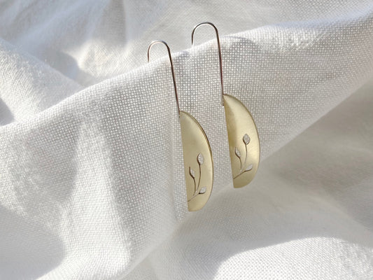 Half Oval Botanical Design Hook Earrings