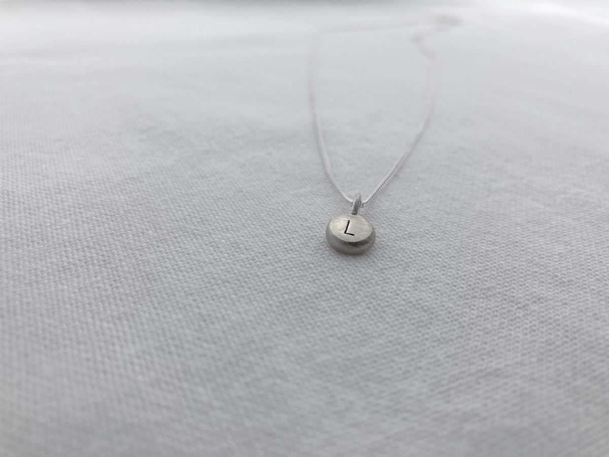 Sterling Silver Pebble with hand stamped Initial Pendant on Sterling Silver Chain