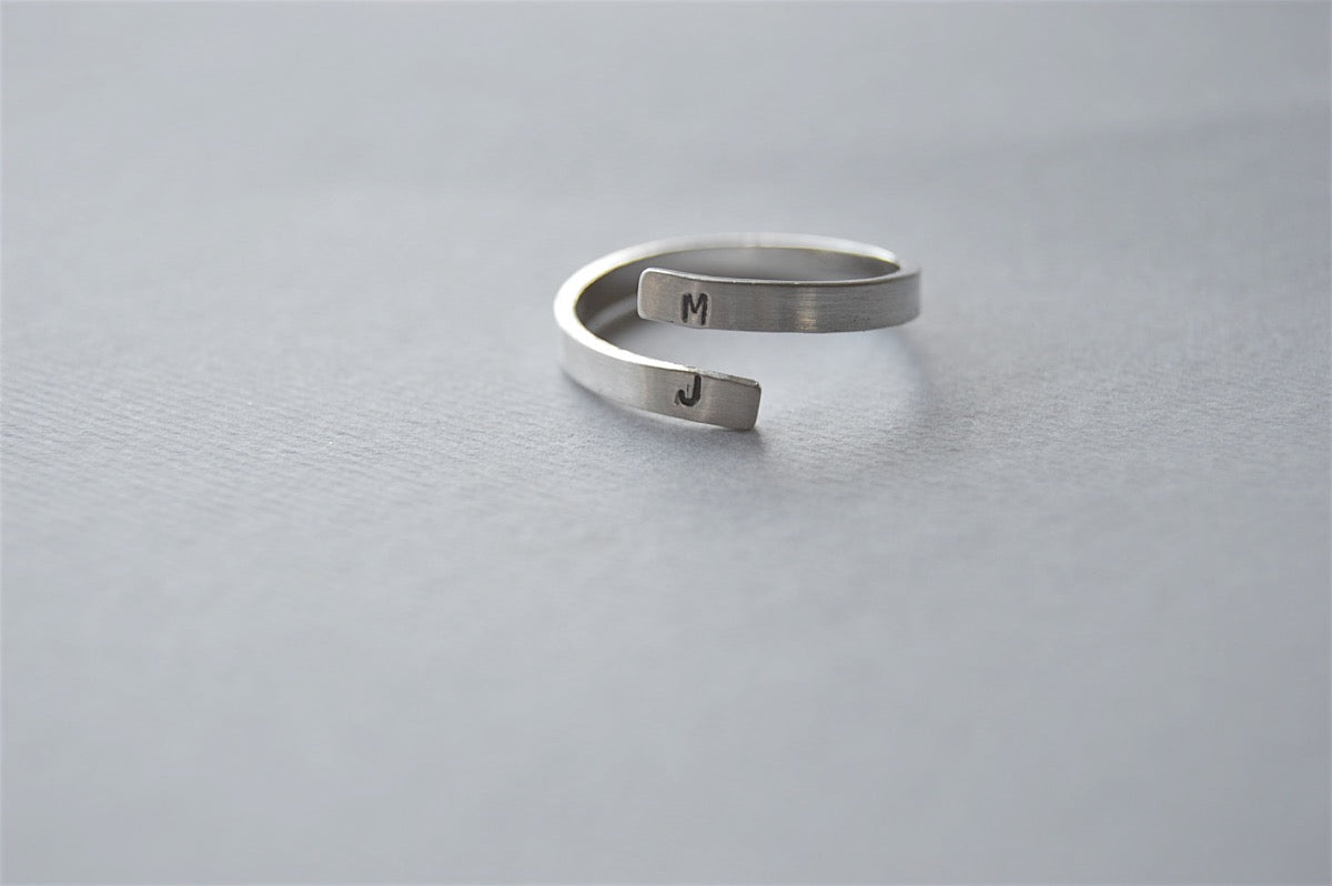 Sterling Silver Open Initial Wrap Ring with hand stamped initials on the ends