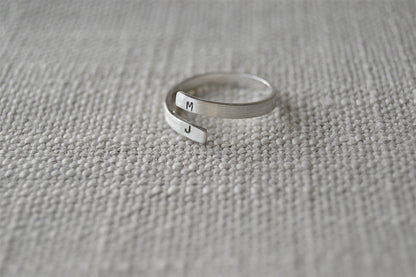 Sterling Silver Open Initial Wrap Ring with hand stamped initials on the ends