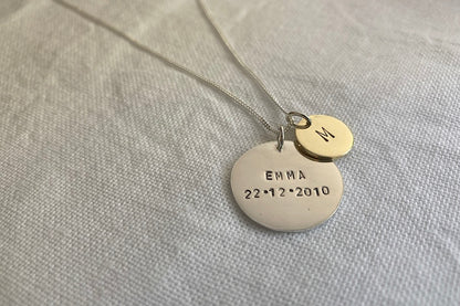 Sterling Silver Large Disc with Small Brass Initial Disc Pendant Set