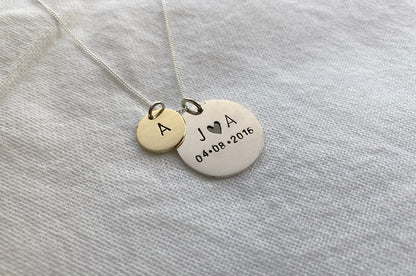 Sterling Silver Large Disc with Small Brass Initial Disc Pendant Set