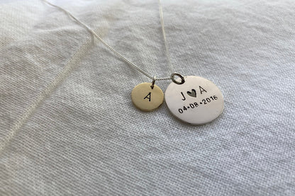 Sterling Silver Large Disc with Small Brass Initial Disc Pendant Set